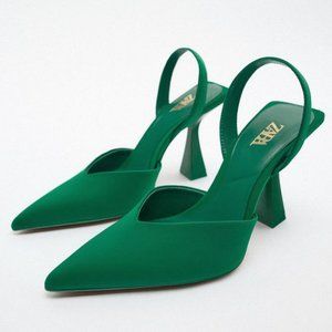NWT Zara Heels Sandals Green 8 US Pointed Toe Sling Back Bloggers fav fabric